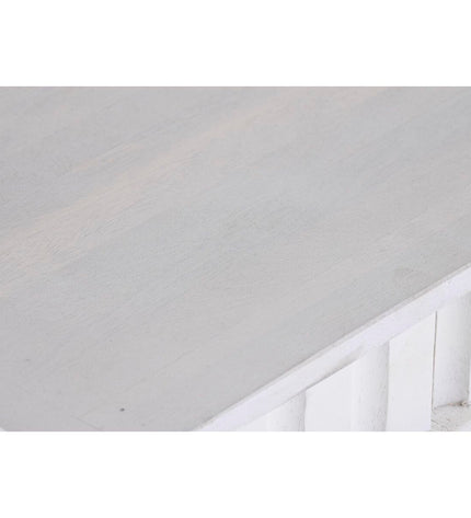 DKD Home Decor dining table with white metal frame and mango wood tabletop, 180 x 90 x 76 cm, in a modern kitchen setting.