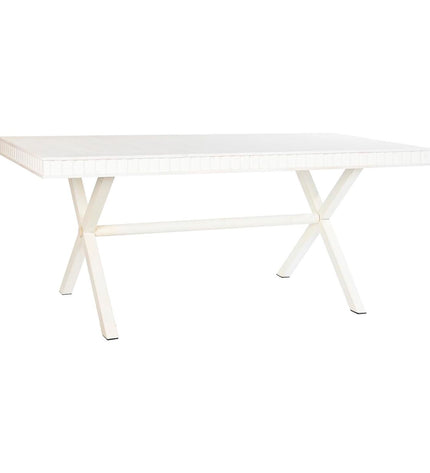 DKD Home Decor white dining table with metal frame and mango wood top, measuring 180 x 90 x 76 cm, for home and kitchen use.