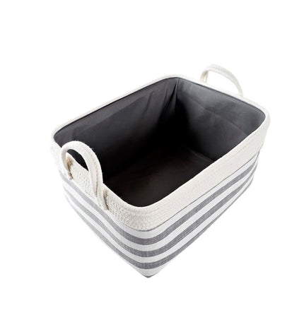 Gray DKD Home Decor basket spelset for bathroom storage, measuring 40x30x23 cm, with striped design and woven texture.