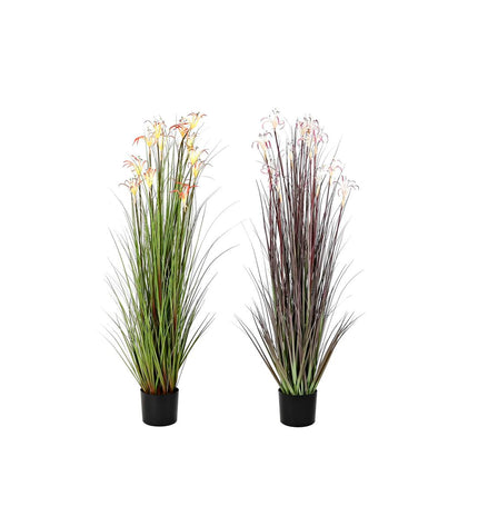 Set of two DKD Home Decor decorative metal plants in orange, green, and bordeaux colors, 45x45x140 cm for home decoration.