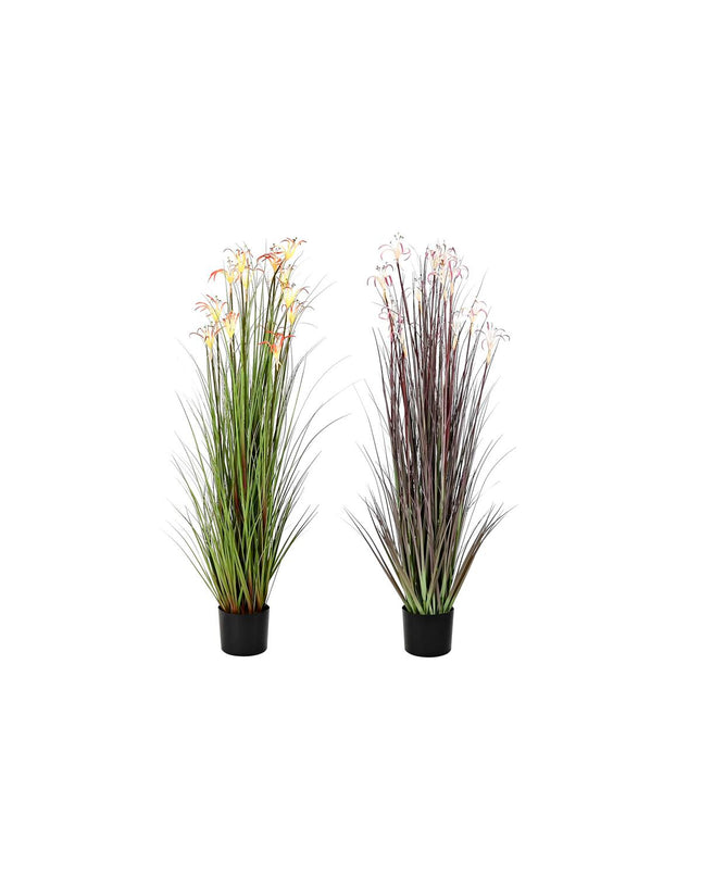 Set of two DKD Home Decor decorative metal plants in orange, green, and bordeaux colors, 45x45x140 cm for home decoration.
