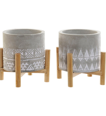 Pair of DKD Home Decor outdoor garden lanterns with gray wood, brown cement, and aluminum finish, measuring 10x10x12 cm.