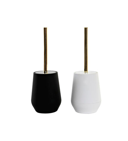 Two DKD Home Decor toilet brushes with white and black stainless steel handles, measuring 12x12x34.5 cm, in a bathroom setting.