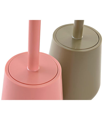 Pair of DKD Home Decor toilet brushes in green and pink with polyresin handles, 12x12x34.5 cm, for bathroom cleaning.