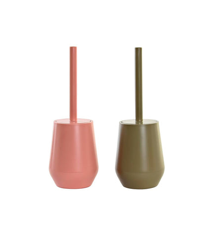 Pair of DKD Home Decor green and pink toilet brushes with polyestyreen handles, 12x12x34.5 cm, for bathroom cleaning.