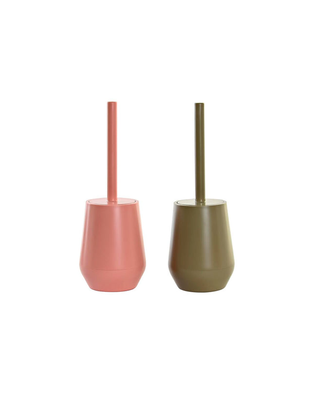 Pair of DKD Home Decor green and pink toilet brushes with polyestyreen handles, 12x12x34.5 cm, for bathroom cleaning.