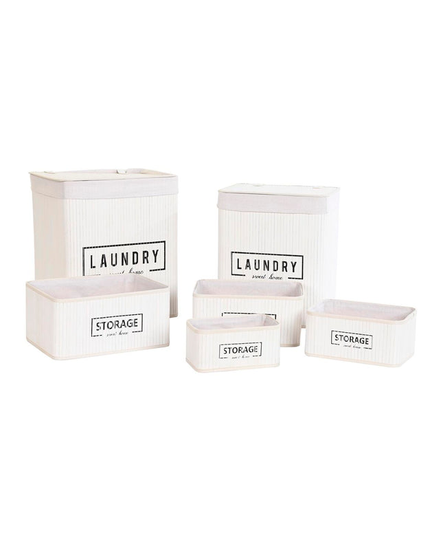 DKD Home Decor white bamboo storage set with five containers, 40x30x46 cm, designed for home organization and kitchen use.