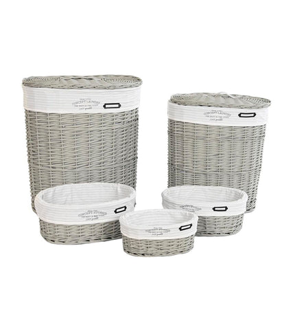 DKD Home Decor mandenset with woven design in white and gray, includes five storage baskets in sizes 51x37x56cm and 52x38x57cm