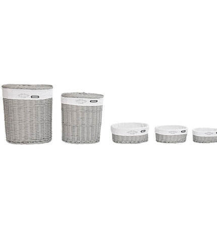 DKD Home Decor woven gray storage baskets set with five parts, measuring approximately 51x37x56 cm and 52x38x57 cm, for home organization.