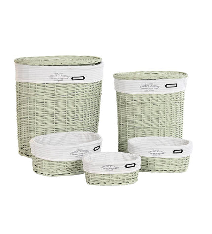 DKD Home Decor green woven basket set with 5 storage containers, measuring 51x37x56 cm, for home organization and decor.