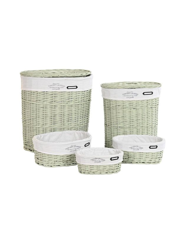 DKD Home Decor green woven basket set with 5 storage containers, measuring 51x37x56 cm, for home organization and decor.