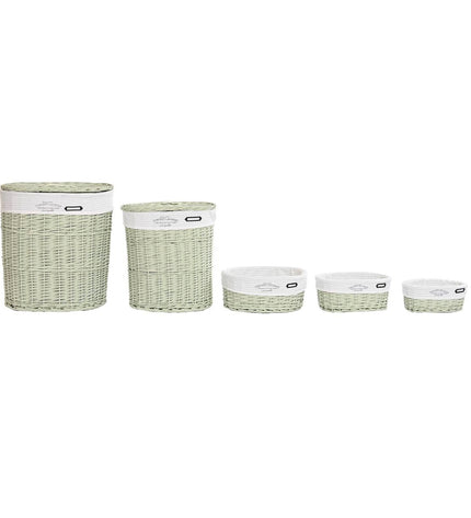 DKD Home Decor green woven basket set with five storage containers, measuring 51x37x56 cm, for home organization and decor.