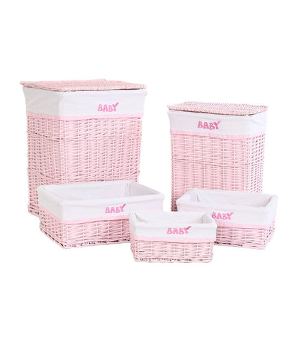 Pink woven laundry basket by DKD Home Decor, 44x34x56 cm, with five storage compartments for children's room organization.