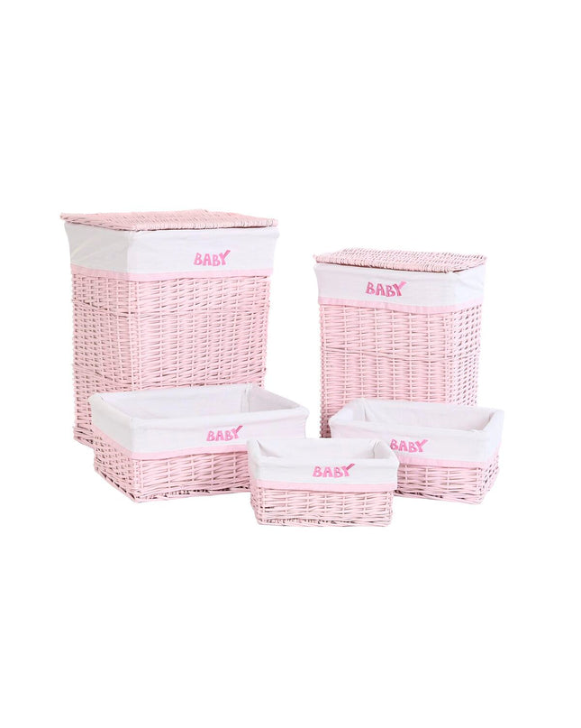Pink woven laundry basket by DKD Home Decor, 44x34x56 cm, with five storage compartments for children's room organization.