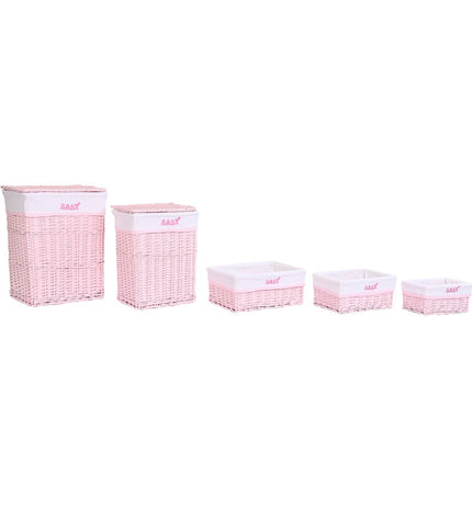 DKD Home Decor pink woven laundry basket for children, 44x34x56 cm, with 5 storage compartments for home organization.