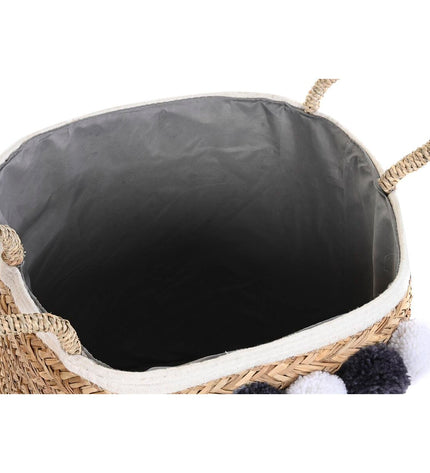 DKD Home Decor natural fiber basket set with pompons, bathroom and household storage, 40x40x35 cm and 41x37x36 cm size