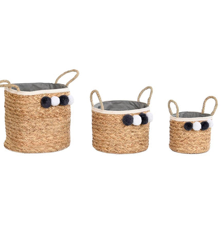 DKD Home Decor natural fiber basket with pompons, 40x40x35 cm for home decor and bathroom storage, woven design with pompons.