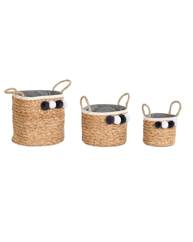 DKD Home Decor natural fiber basket with pompons, 40x40x35 cm for home decor and bathroom storage, woven design with pompons.