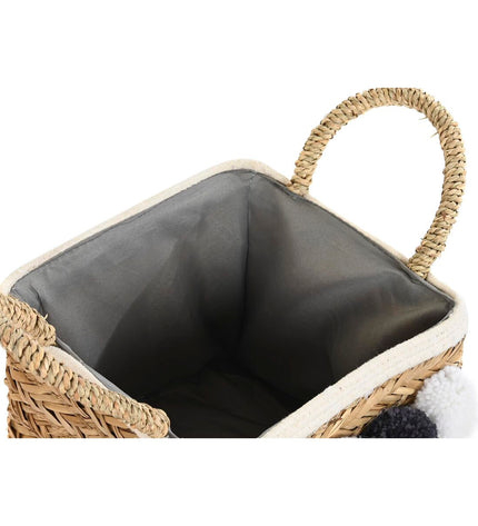 DKD Home Decor natural fiber basket with pompons, 33x33x25 cm, suitable for home decor and bathroom storage.