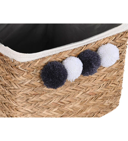 DKD Home Decor basket spelset with natural fiber pompons, 33x33x25 cm, suitable for home decor and bathroom storage.
