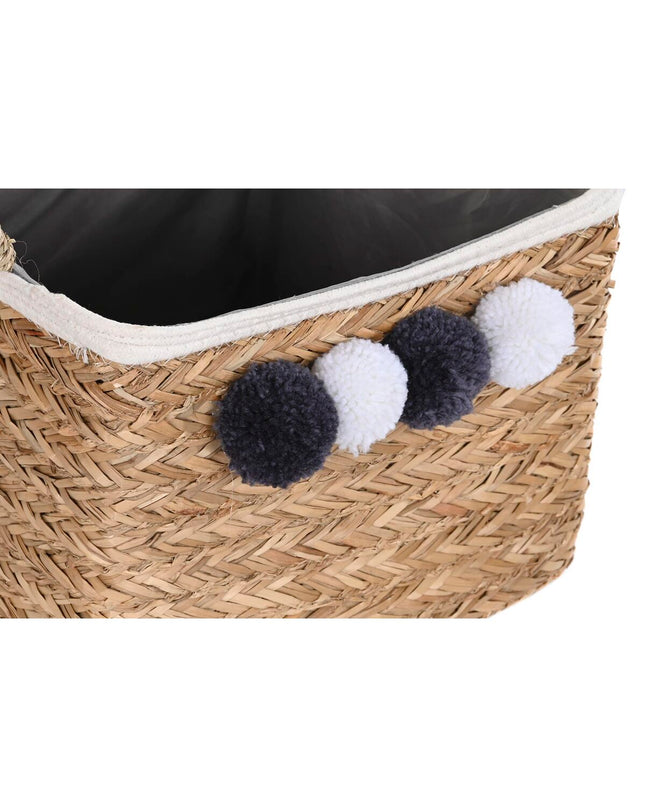 DKD Home Decor basket spelset with natural fiber pompons, 33x33x25 cm, suitable for home decor and bathroom storage.