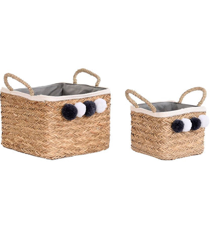 DKD Home Decor basket spelset with natural fiber pompons, 33x33x25 cm, suitable for bathroom and home decor.
