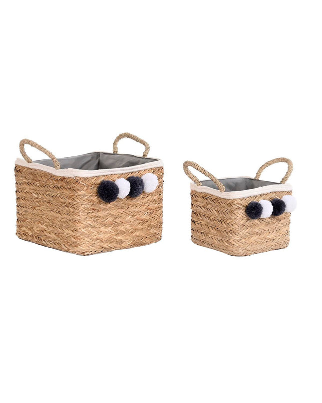 DKD Home Decor basket spelset with natural fiber pompons, 33x33x25 cm, suitable for bathroom and home decor.