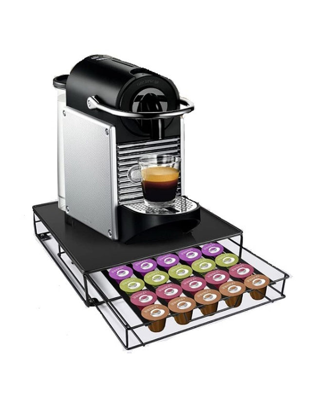 Black metal coffee capsule organizer by DKD Home Decor, 28.7 x 32 x 7 cm, for storing coffee capsules in kitchen or coffee area.