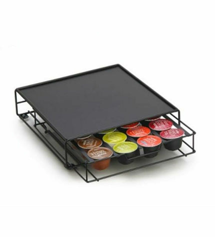 Black DKD Home Decor coffee capsule organizer with metal design, measuring 28.7 x 32 x 7 cm, for kitchen and coffee storage.