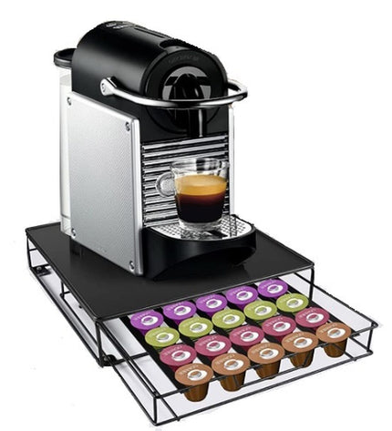 Black metal coffee capsule organizer by DKD Home Decor, measuring 21x31x7.5 cm, designed for kitchen and coffee storage.