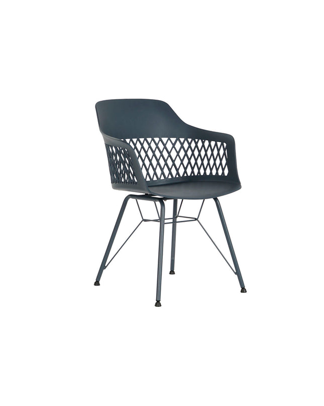 Blue DKD Home Decor kitchen chair with marine blue upholstery, measuring 57 x 57 x 80.5 cm, shown in a home setting.