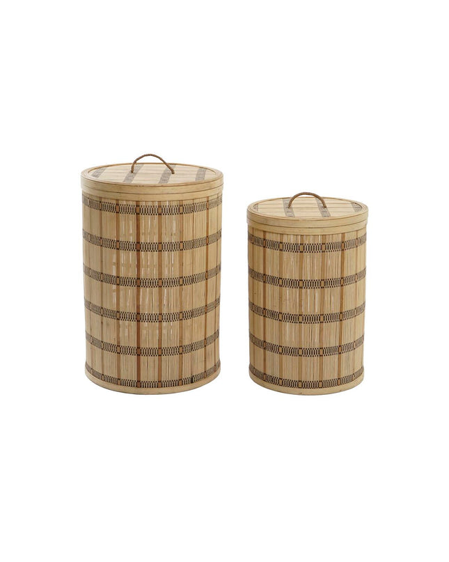DKD Home Decor natural bamboo basket set with two storage baskets for home organization and kitchen use.