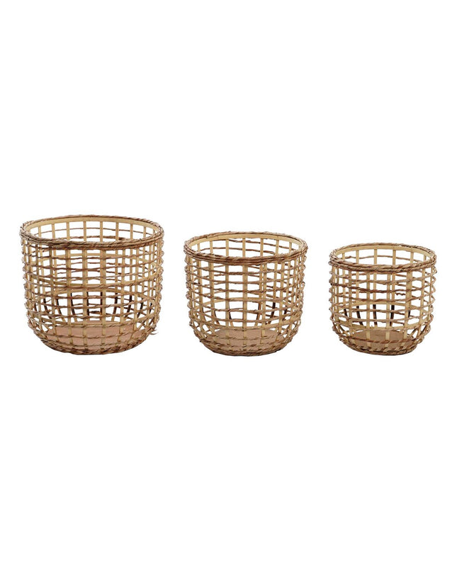 Set of three natural brown storage baskets by DKD Home Decor, ideal for home organization and kitchen storage.