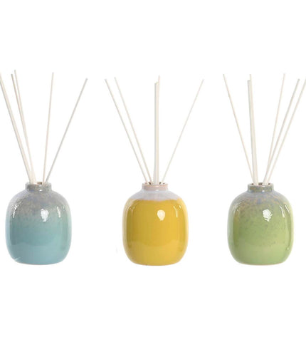 Three DKD Home Decor 100 ml city-themed air freshener vases for home decor and kitchen use, with colorful cityscape designs.