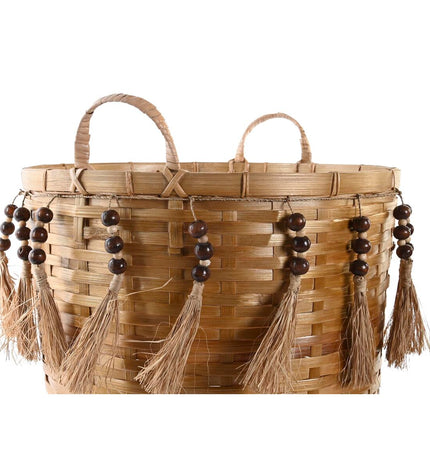 Multicolored bamboo basket set by DKD Home Decor for home organization, including three storage baskets in various sizes.