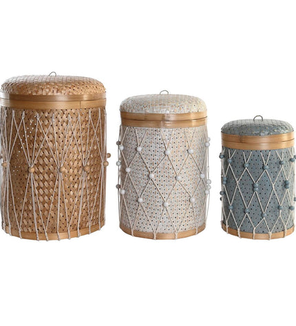 Colorful bamboo basket set by DKD Home Decor, three storage containers with handles for home organization and kitchen use.