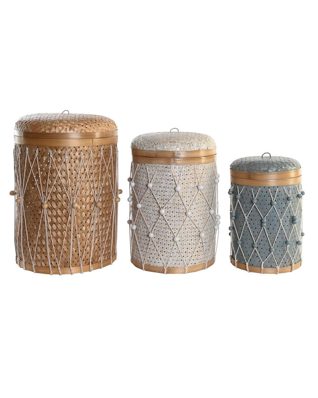 Colorful bamboo basket set by DKD Home Decor, three storage containers with handles for home organization and kitchen use.