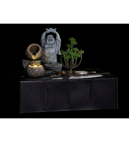 Set of two DKD Home Decor Buddha fountain sculptures for outdoor garden decoration, measuring 29 x 21 x 23 cm each.