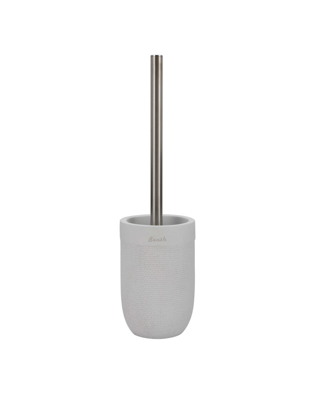 White cement and stainless steel toilet brush holder by DKD Home Decor, 10x10x37 cm for bathroom cleaning.