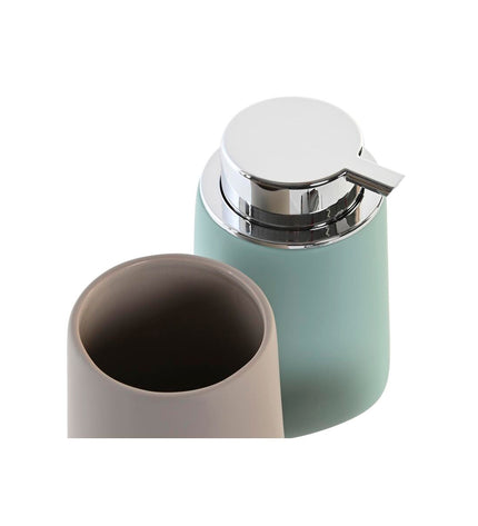 Pair of beige DKD Home Decor soap dispensers, 9x9x14.5 cm, made of ABS and dolomite, suitable for bathroom and kitchen.