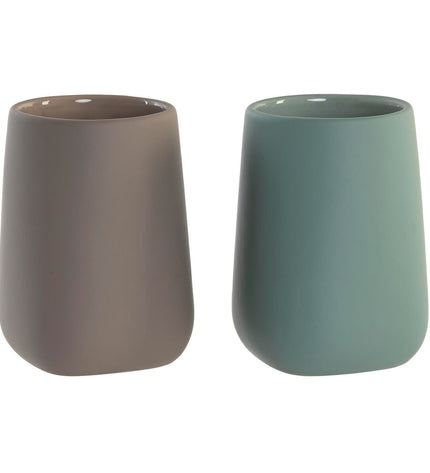 Pair of DKD Home Decor toothbrush holders in green and beige dolomite, 8x8x11 cm, for bathroom organization.