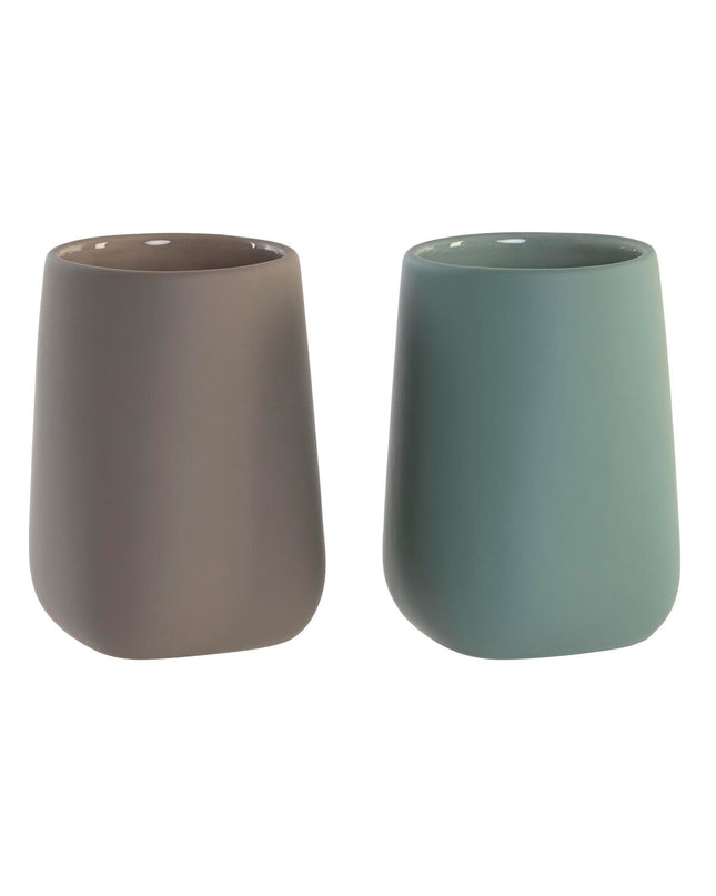 Pair of DKD Home Decor toothbrush holders in green and beige dolomite, 8x8x11 cm, for bathroom organization.