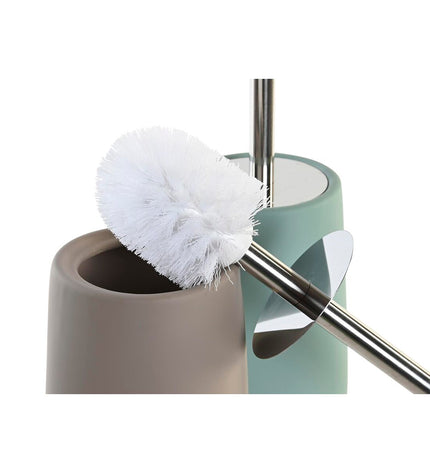 Two DKD Home Decor beige toilet brushes with stainless steel handles and green dolomite bases, 11x11x41 cm, for bathroom use