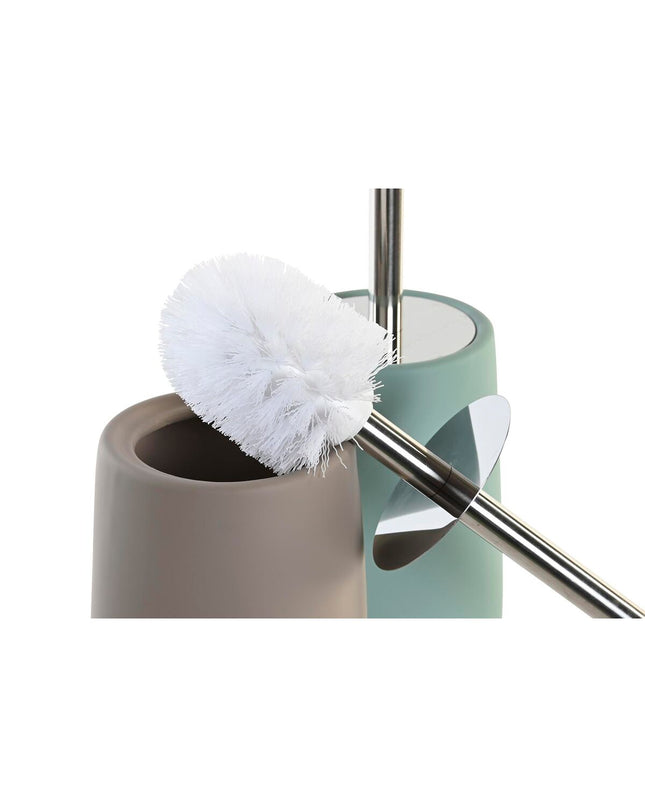 Two DKD Home Decor beige toilet brushes with stainless steel handles and green dolomite bases, 11x11x41 cm, for bathroom use