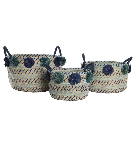 DKD Home Decor basket spelset with pompons, in a bathroom or home decor setting, measuring 46x44x34 cm, made of polypropylene.
