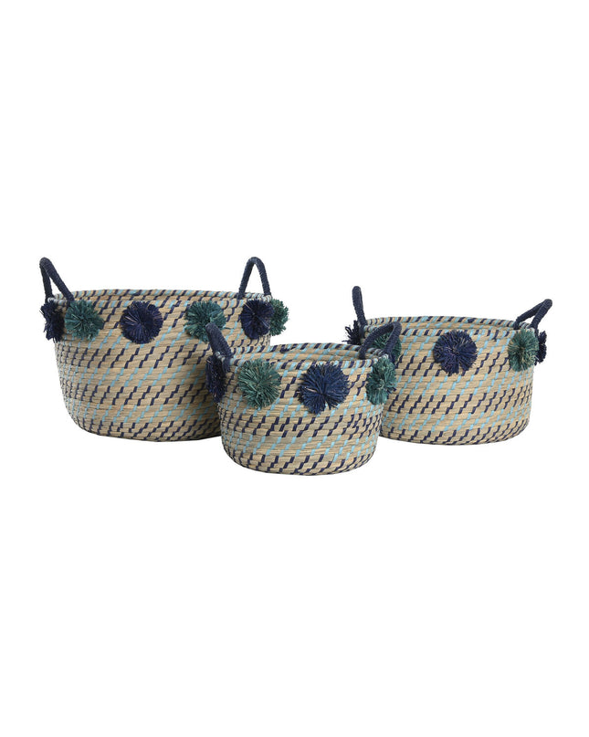 DKD Home Decor basket spelset with pompons, in a bathroom or home decor setting, measuring 46x44x34 cm, made of polypropylene.