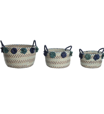 DKD Home Decor basket spelset in polypropyleen with pompons, suitable for house and bath, measuring 46x44x34 cm.