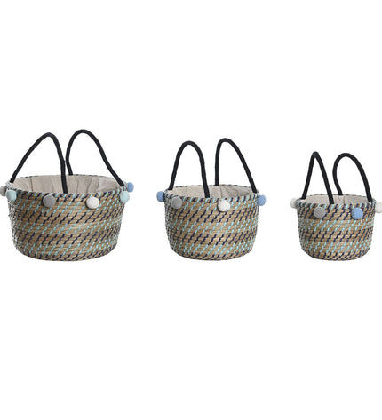 DKD Home Decor basket spelset with pompons, 43x43x43 cm, suitable for household and bathroom use, featuring colorful pompom accents.