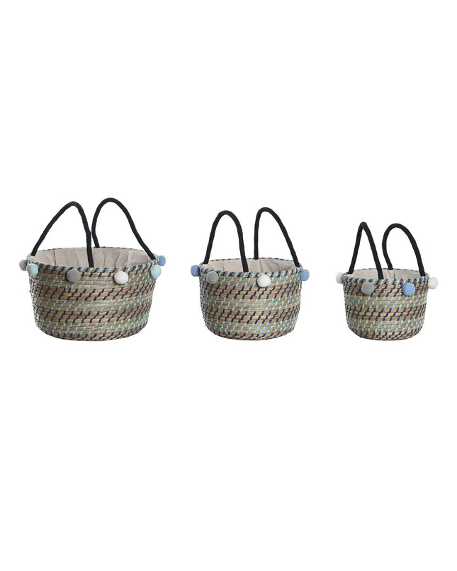 DKD Home Decor basket spelset with pompons, 43x43x43 cm, suitable for household and bathroom use, featuring colorful pompom accents.