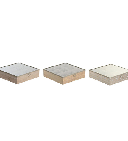 DKD Home Decor infusion box with three compartments, blue, pink, and white metal and wood MDF, 24x24x6.5cm, for tea and coffee storage.